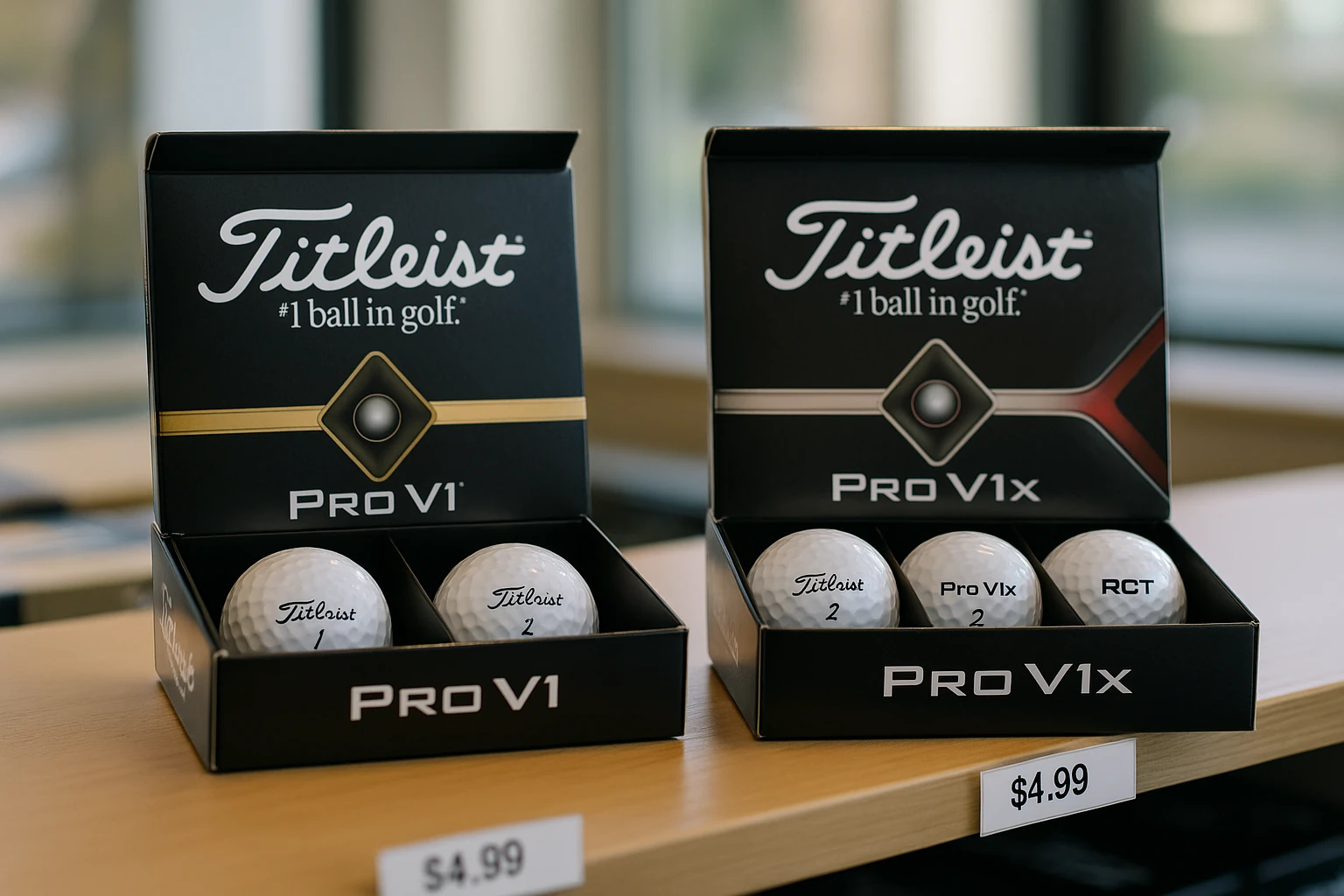 Pro V1 and Pro V1x golf ball retail boxes on display shelf
