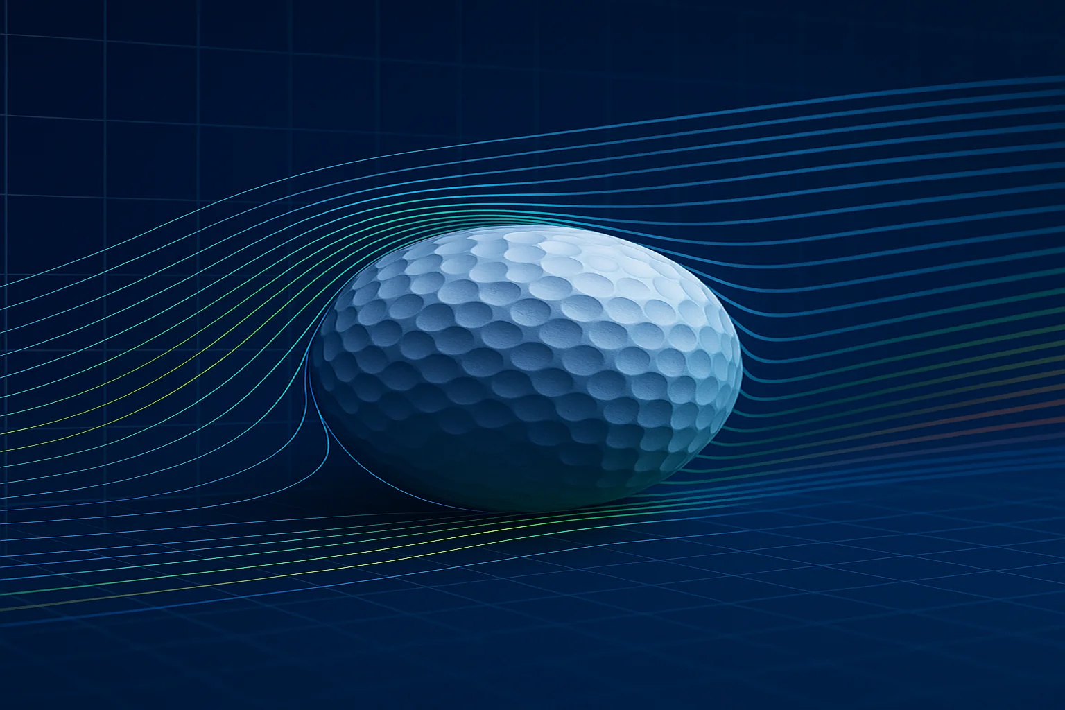 aerodynamic golf ball in CFD airflow simulation on blue grid