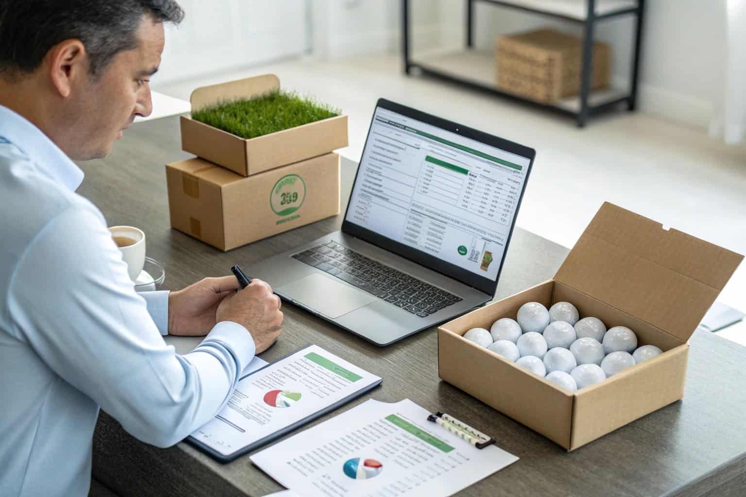 B2B buyer planning golf ball order on laptop