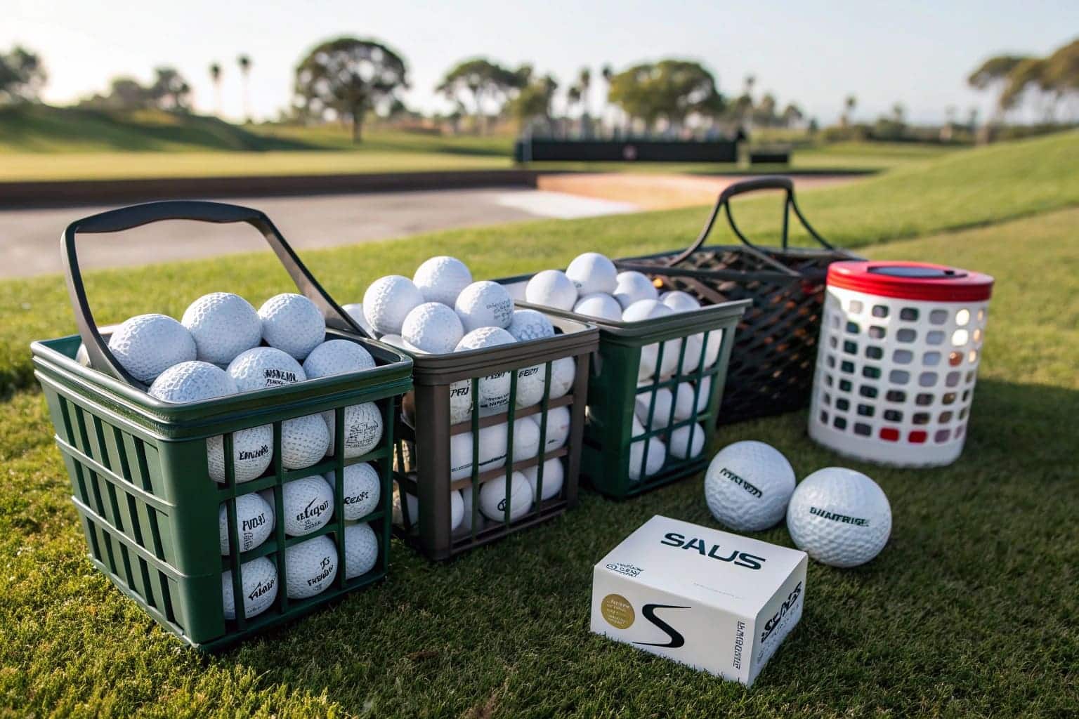 baskets of branded golf balls on driving range for corporate events and wholesale supply