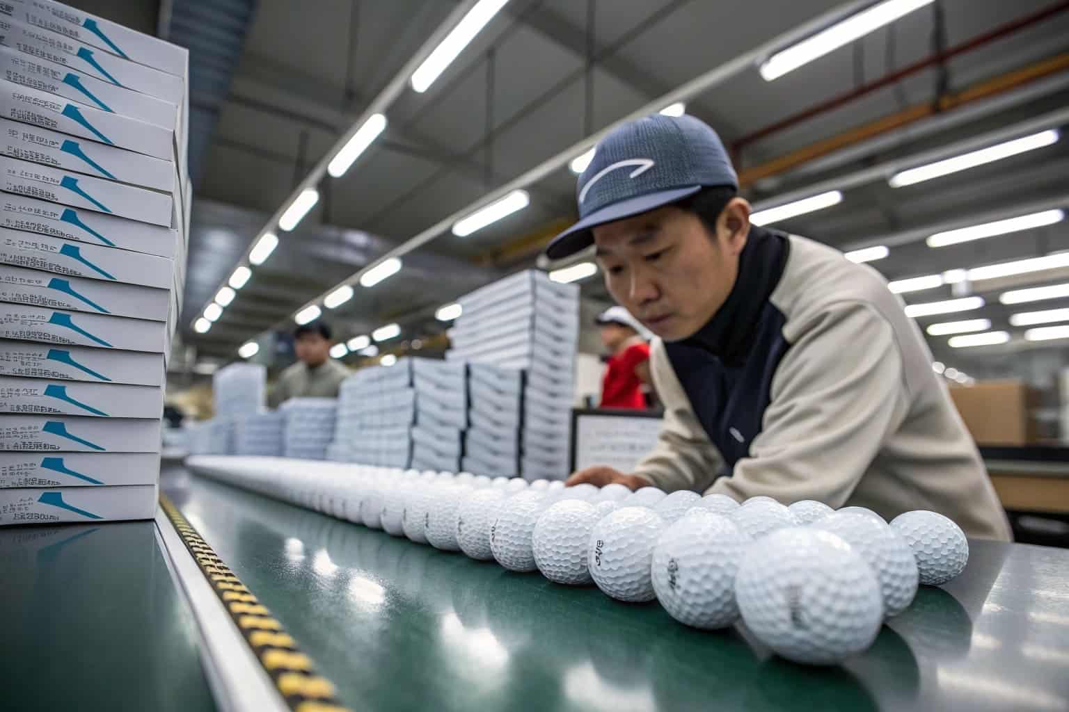 branded golf balls in final packaging check at China factory