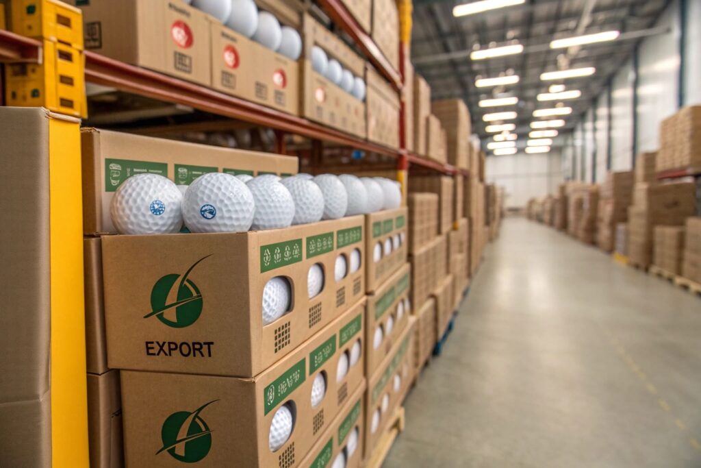bulk export golf balls stacked in warehouse
