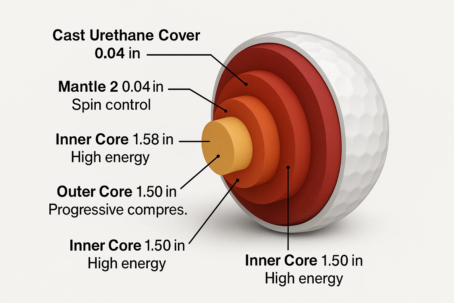 labeled cross-section of multi-layer cast urethane golf ball