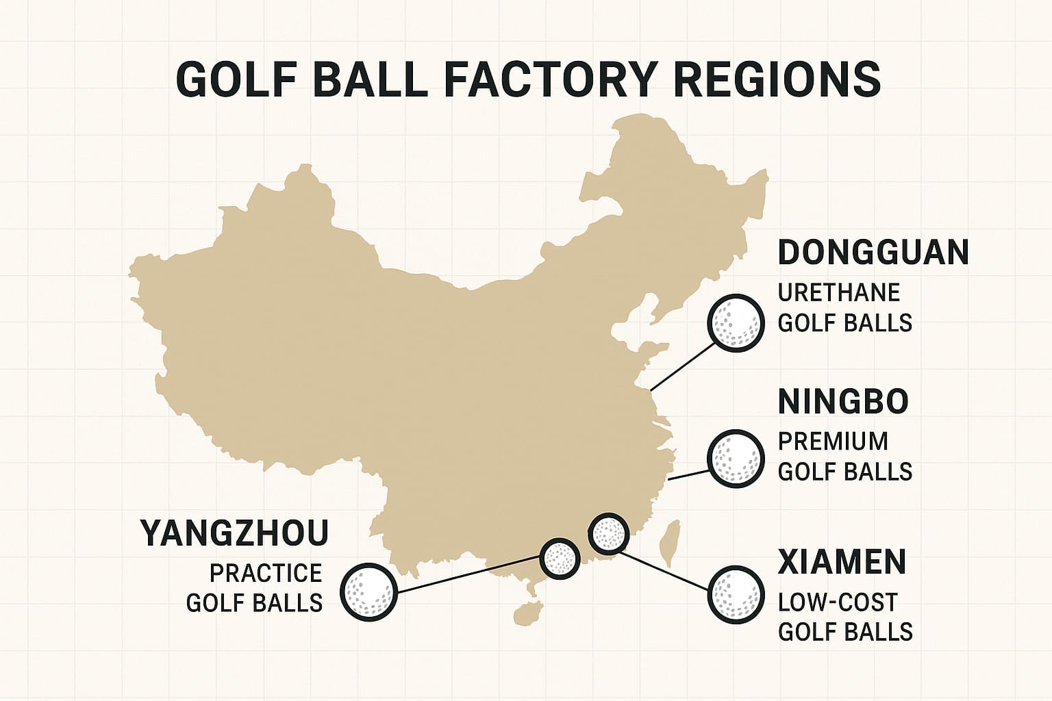 map of China highlighting key golf ball production cities Dongguan, Xiamen, Ningbo, and Yangzhou