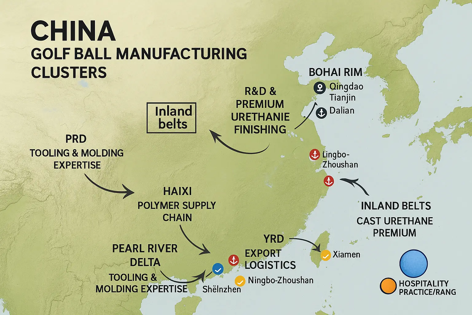 map of China showing major golf ball manufacturing clusters by region