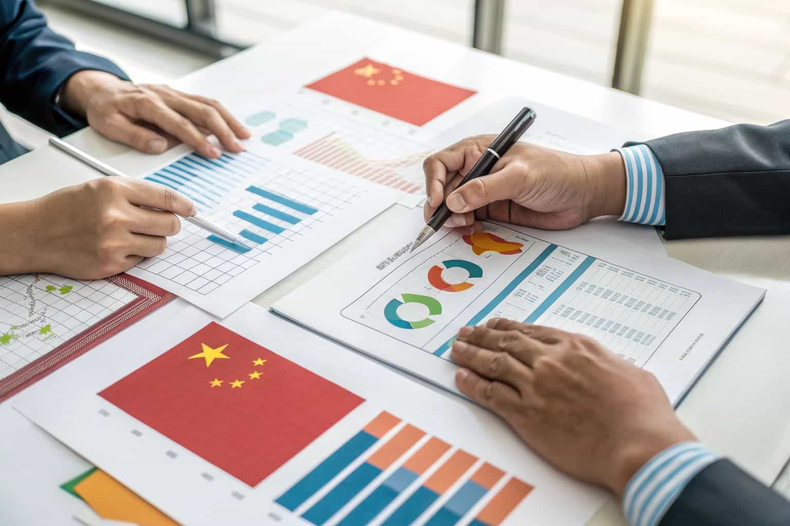 business team analyzing China golf ball market trends with charts