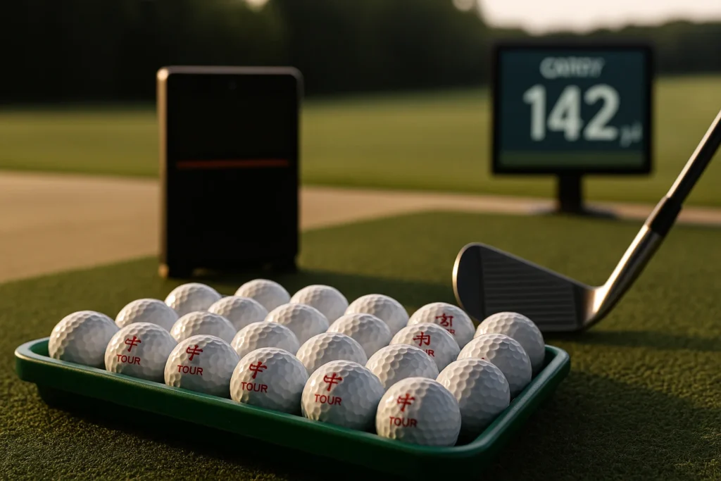 Chinese tour-style golf balls in tray on launch monitor range with wedge and distance screen