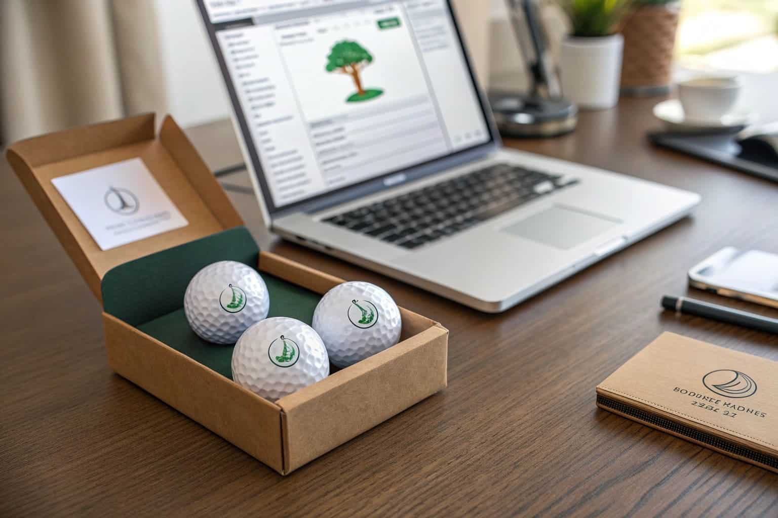 branded golf balls in gift box on office desk