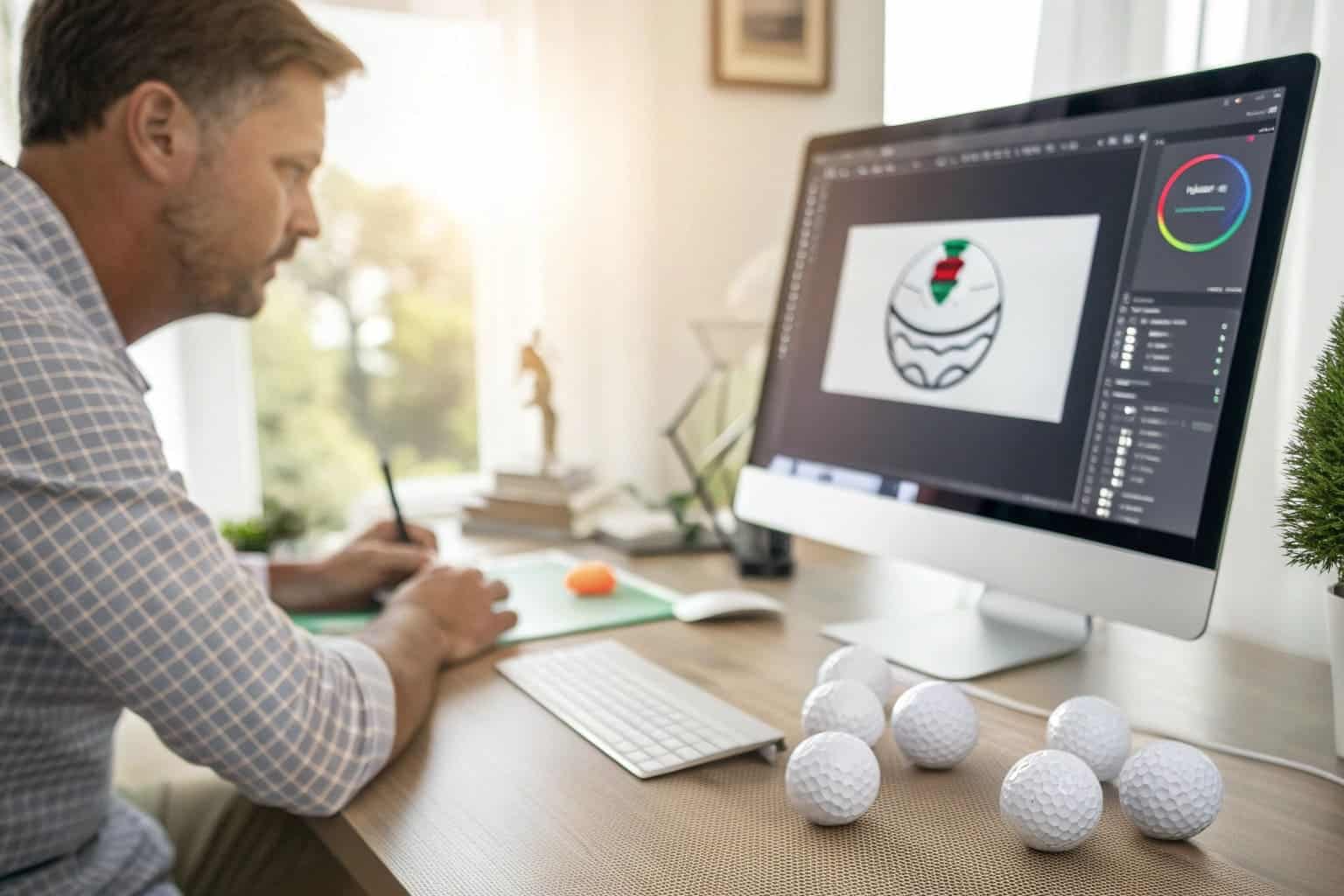 designer creating custom golf ball logo on computer