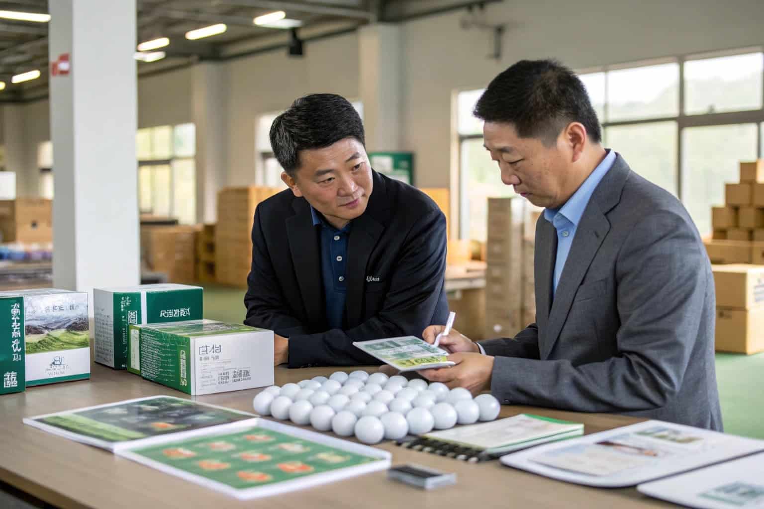 businessmen discussing golf ball packaging and marketing materials