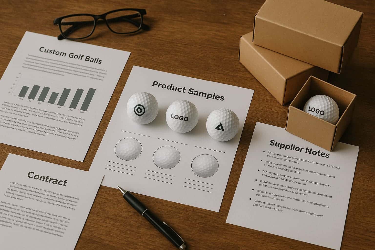custom golf ball samples with packaging and supplier documents