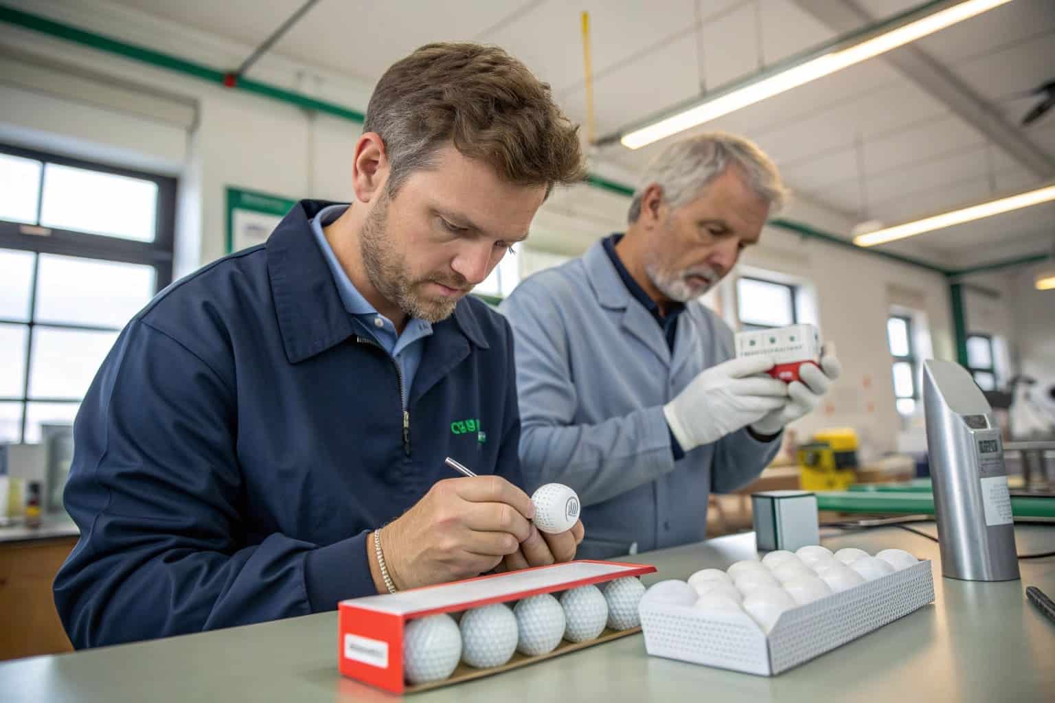 technicians inspecting and marking custom golf balls at factory