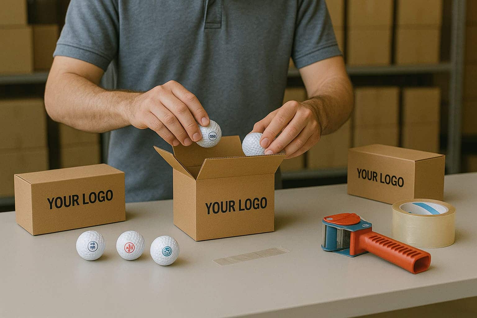 custom logo golf balls being packed for corporate clients