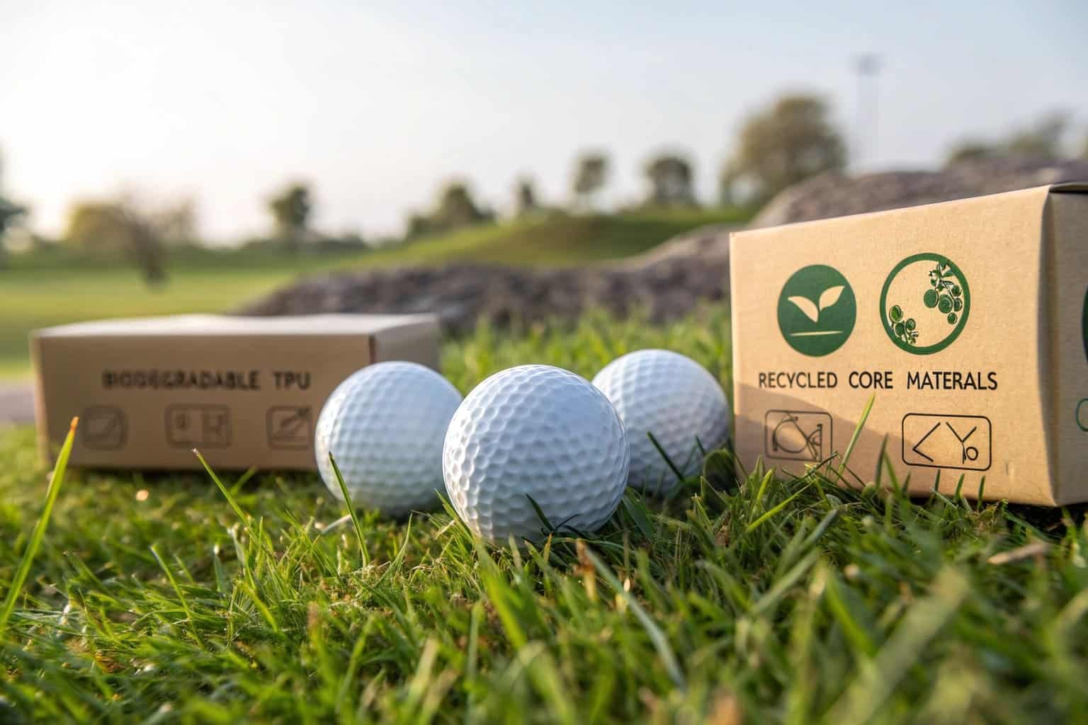eco-friendly golf balls with biodegradable packaging on grass
