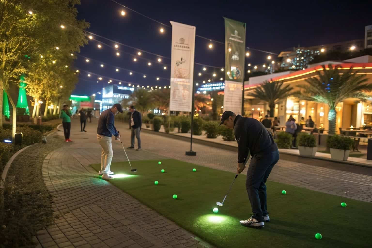 people playing glow golf on city street at night