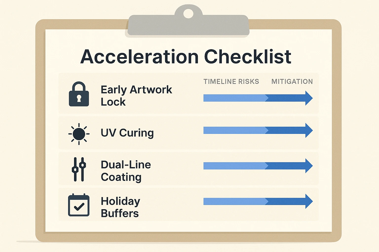 golf ball acceleration checklist infographic for OEM manufacturer, UV curing and coating mitigation