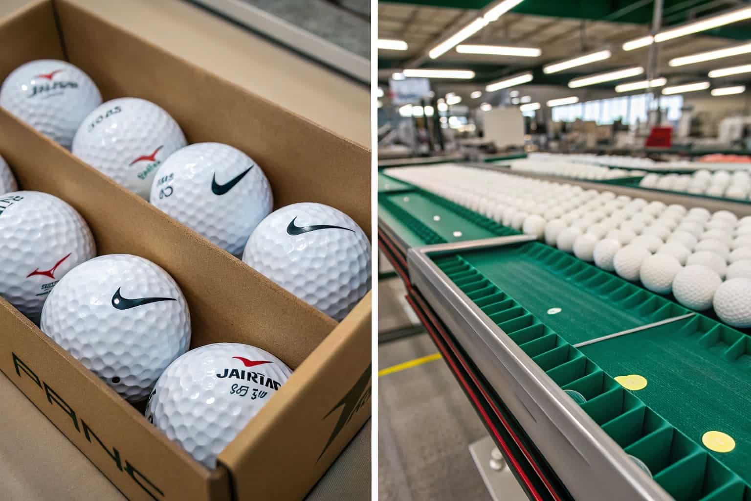golf balls in branded packaging and on conveyor belt