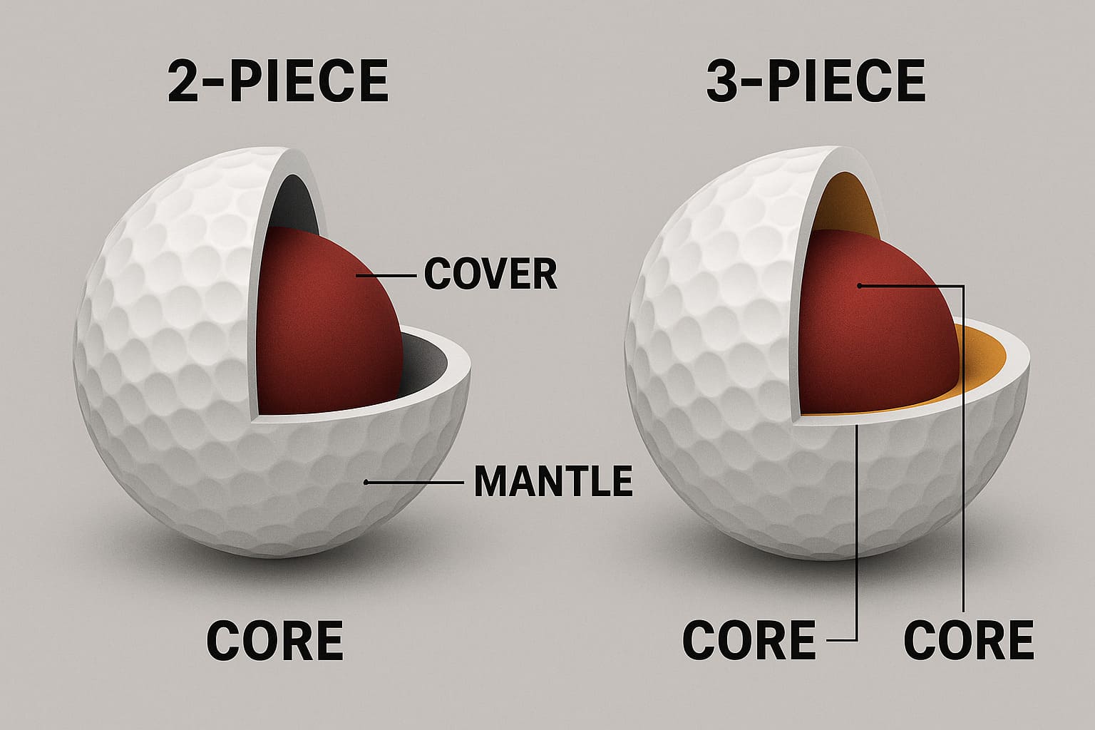 2-piece and 3-piece golf ball cross-section showing core, mantle, and cover for OEM buyers