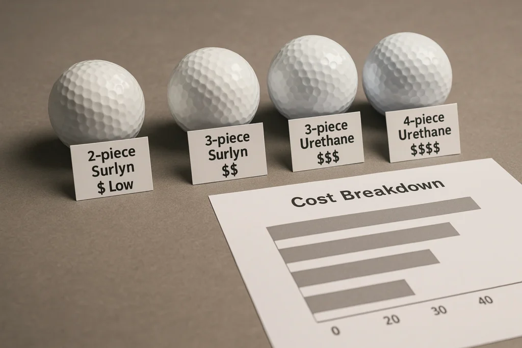 golf balls with cost breakdown by layer and material type