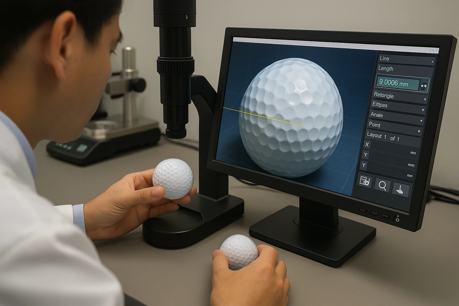 technician inspecting golf ball under digital microscope for dimple precision