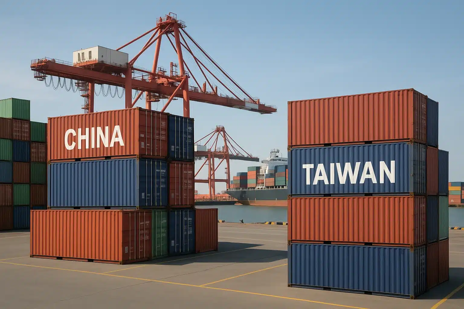 export containers labeled China and Taiwan at port terminal