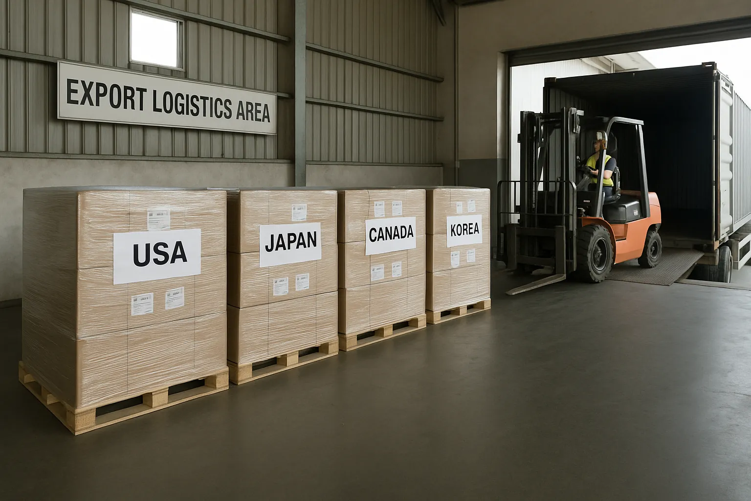 Golf Ball Export Shipments Export logistics area with bulk golf ball shipments labeled for USA, Japan, Canada, Korea