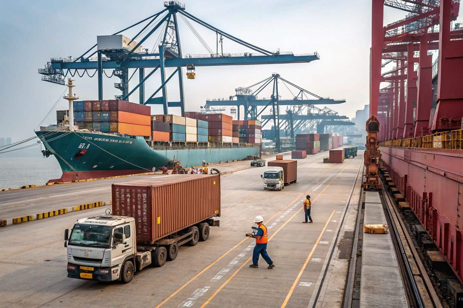 container trucks and cargo ship at export port