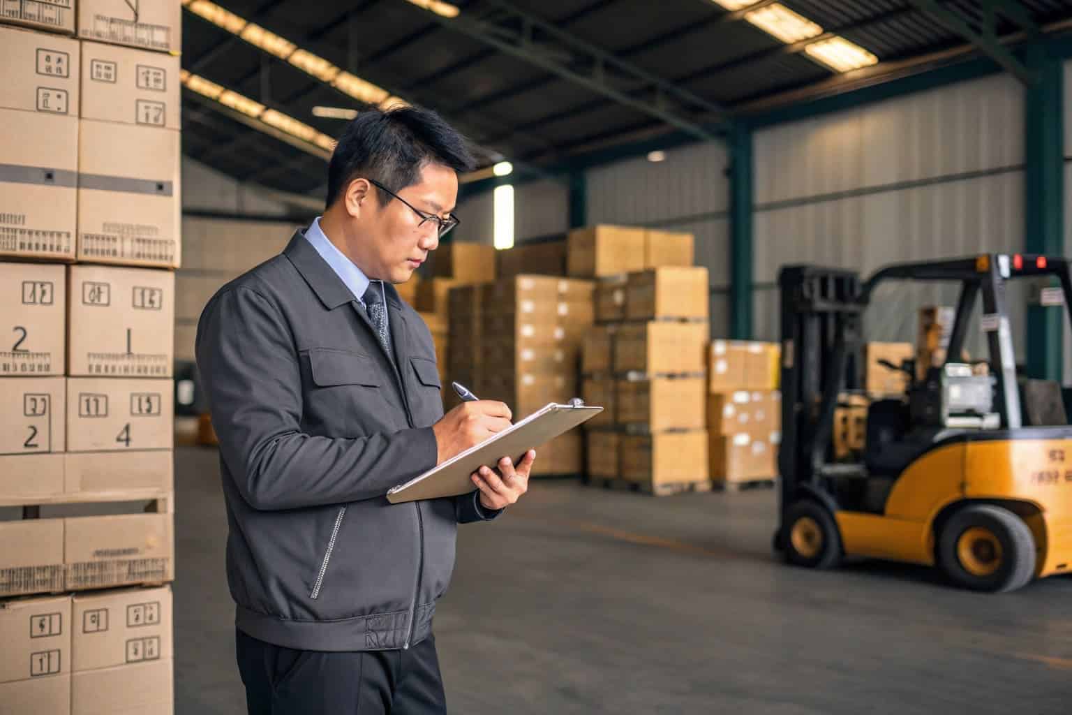 warehouse staff inspecting bulk golf ball export cartons