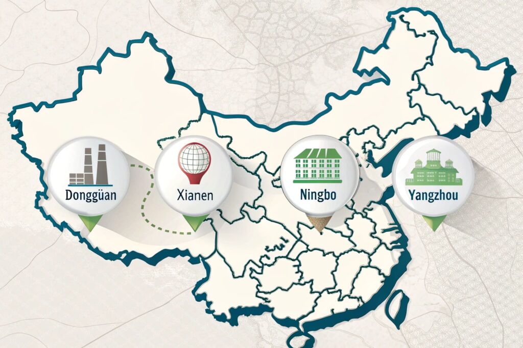 golf ball factory regions in China showing urethane, premium, practice, and low-cost production