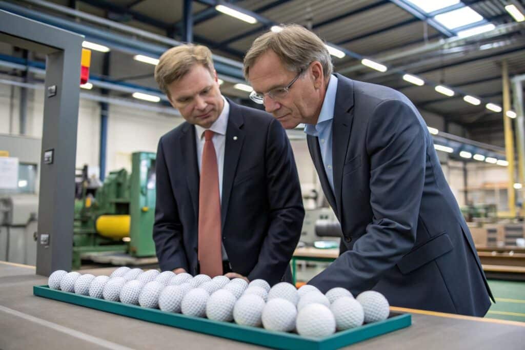 Executives inspecting golf balls in factory setting
