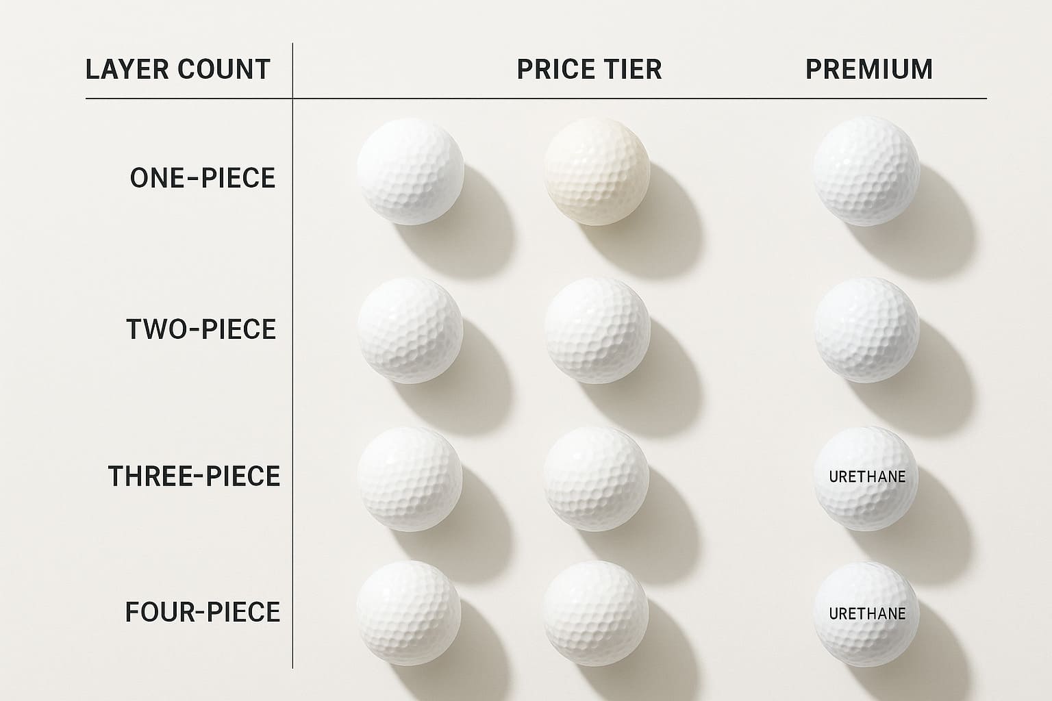 comparison of golf balls by layer count and price tier including urethane options