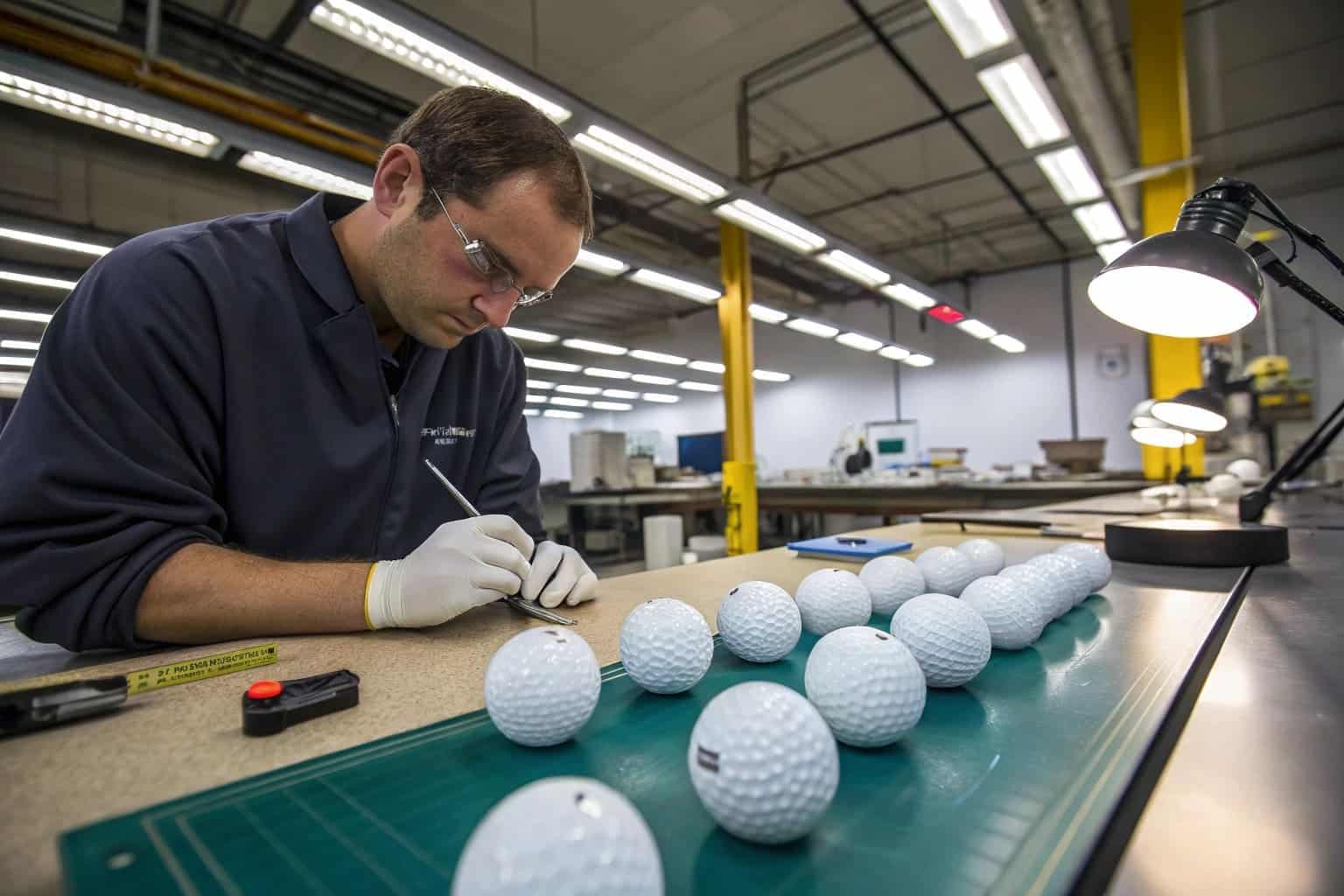 technician inspecting golf balls under factory lights