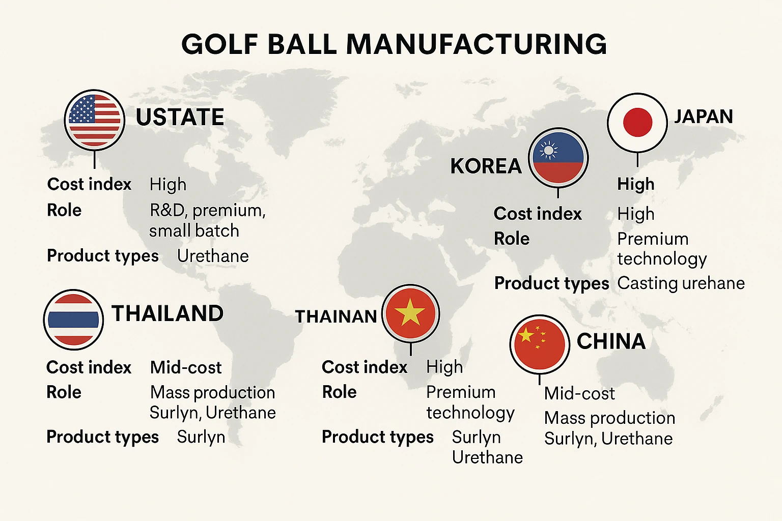 world map showing golf ball manufacturing roles and cost indices by country