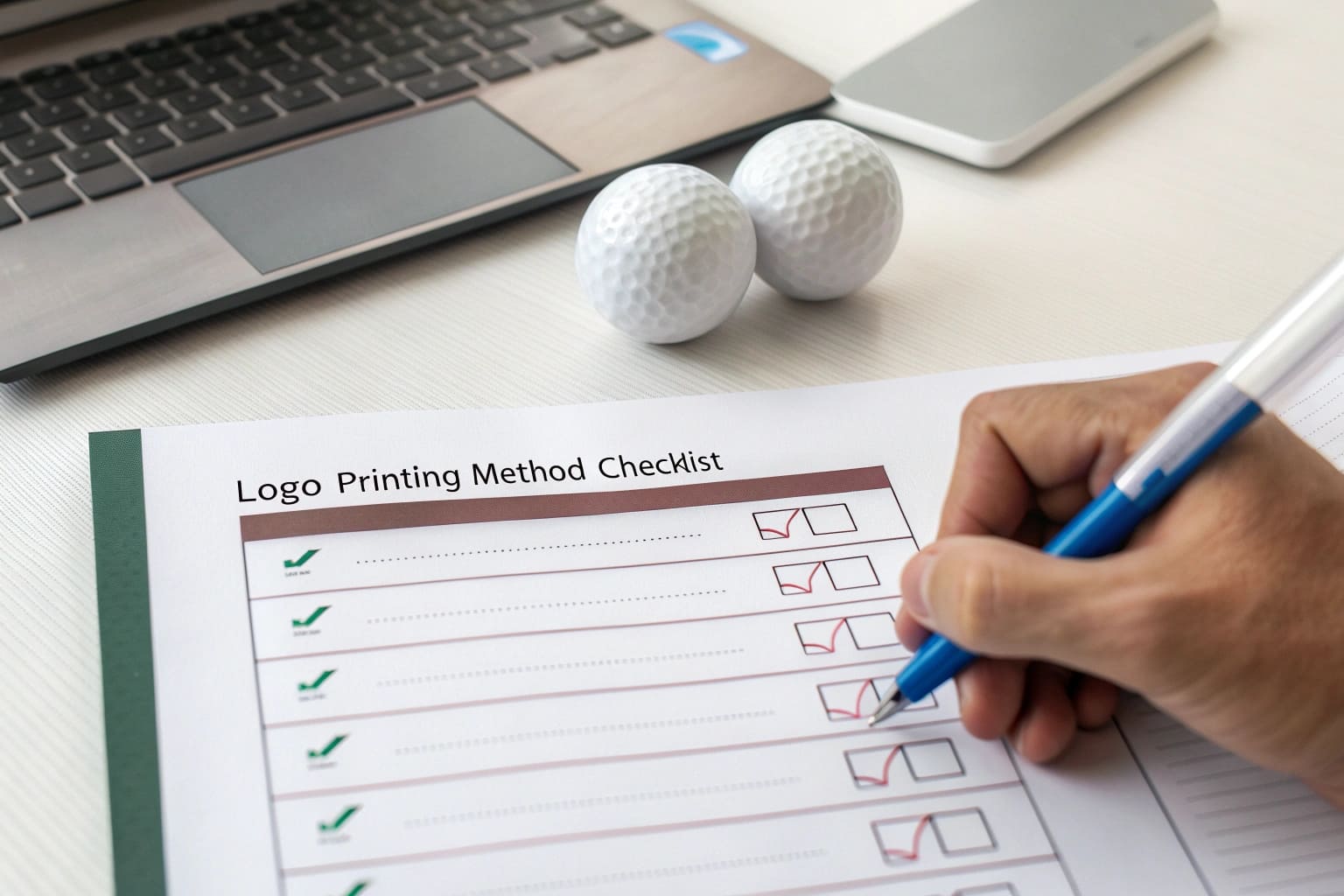 hand checking logo printing method checklist near golf balls