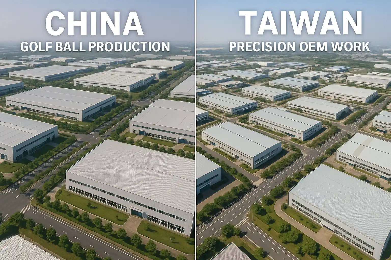 aerial view of golf ball production facilities in China and Taiwan