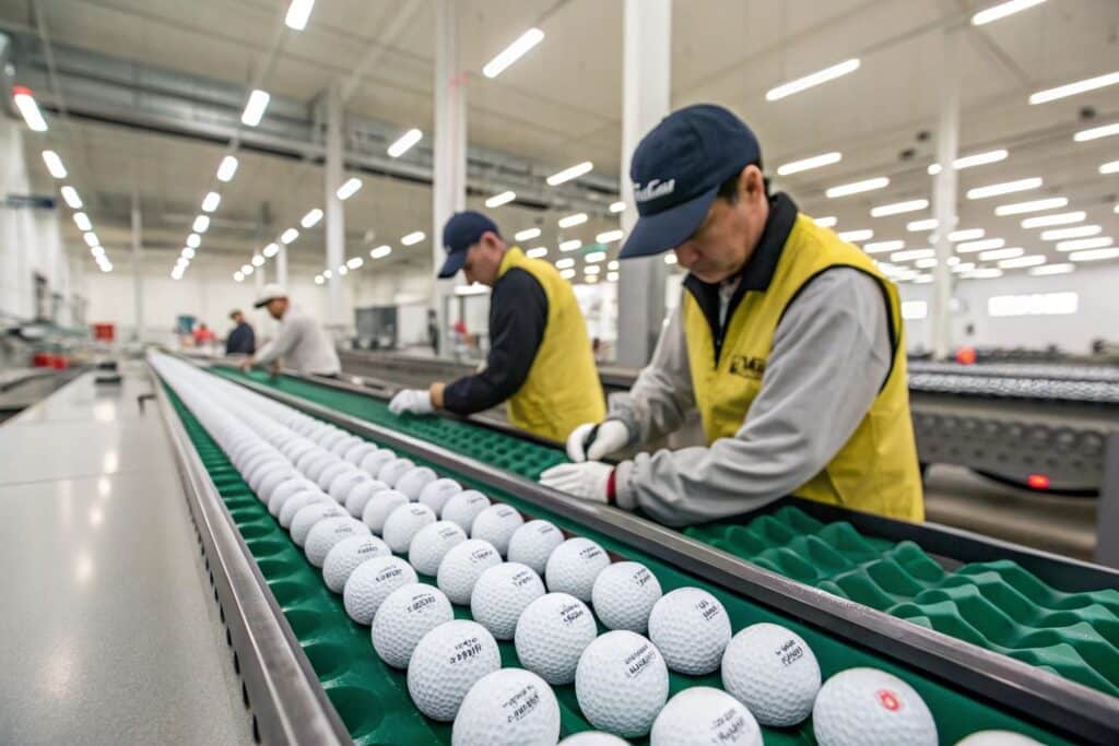 workers inspecting golf balls on production line
