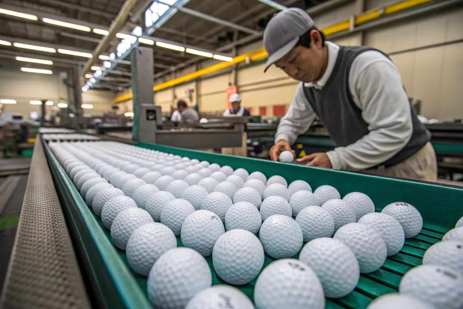 worker checking golf balls on production line
