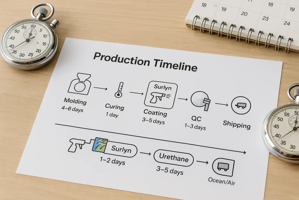 golf ball production timeline infographic with molding, coating, QC and shipping for OEM export