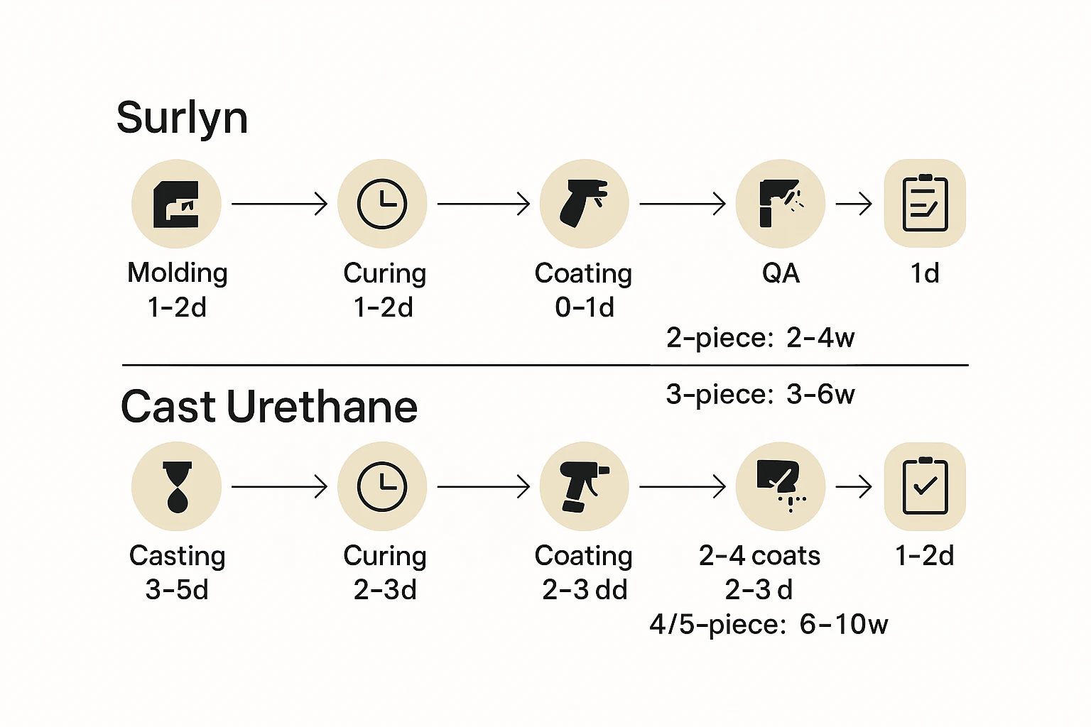 golf ball manufacturing phases infographic comparing Surlyn and cast urethane with OEM quality control