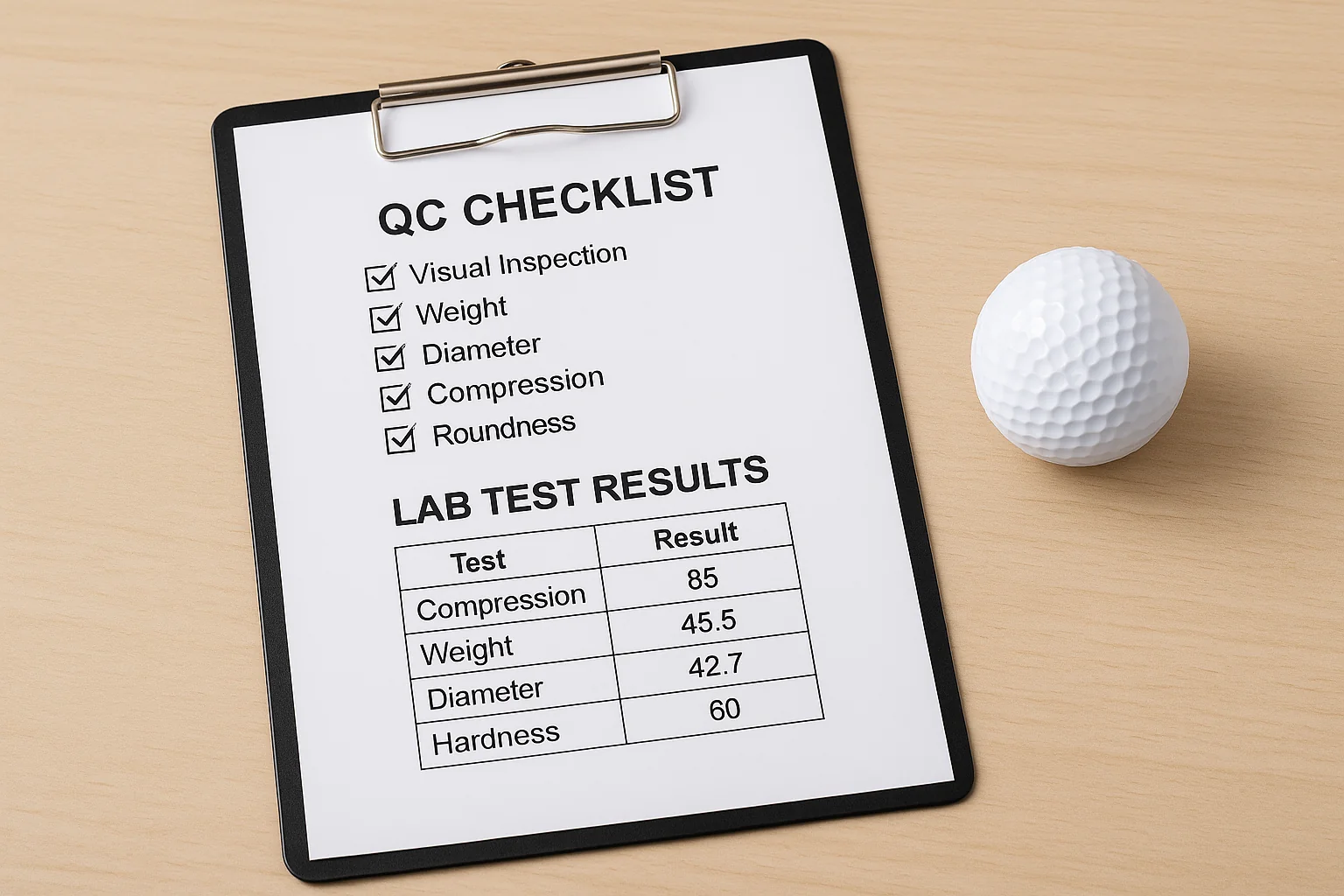 golf ball beside QC checklist and lab test results on clipboard