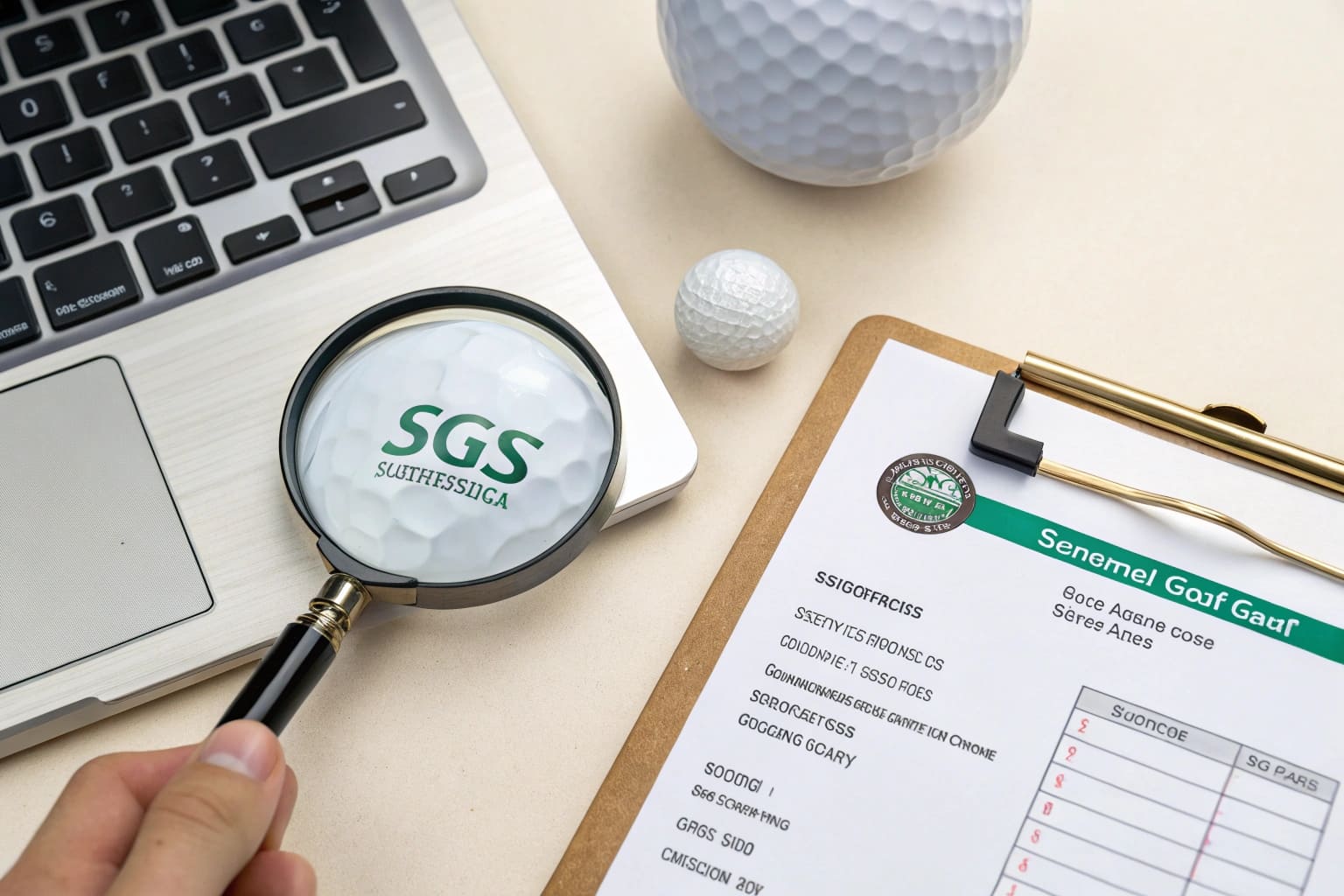 SGS certified golf ball under magnifying glass with quality report