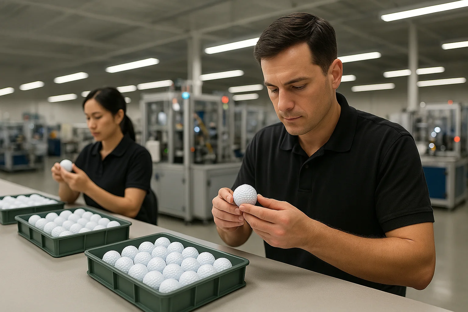 factory workers inspecting golf balls in quality control process