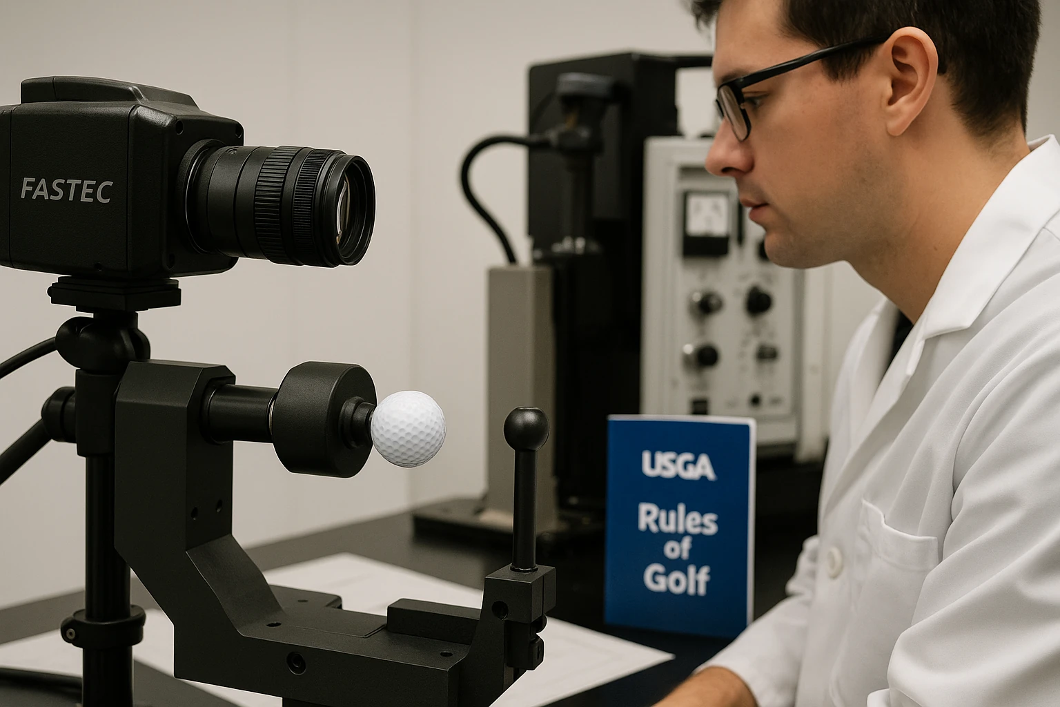 golf ball testing with camera and lab technician