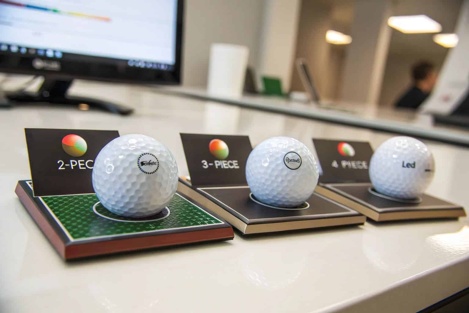 display of 2-piece to 4-piece golf balls with labels