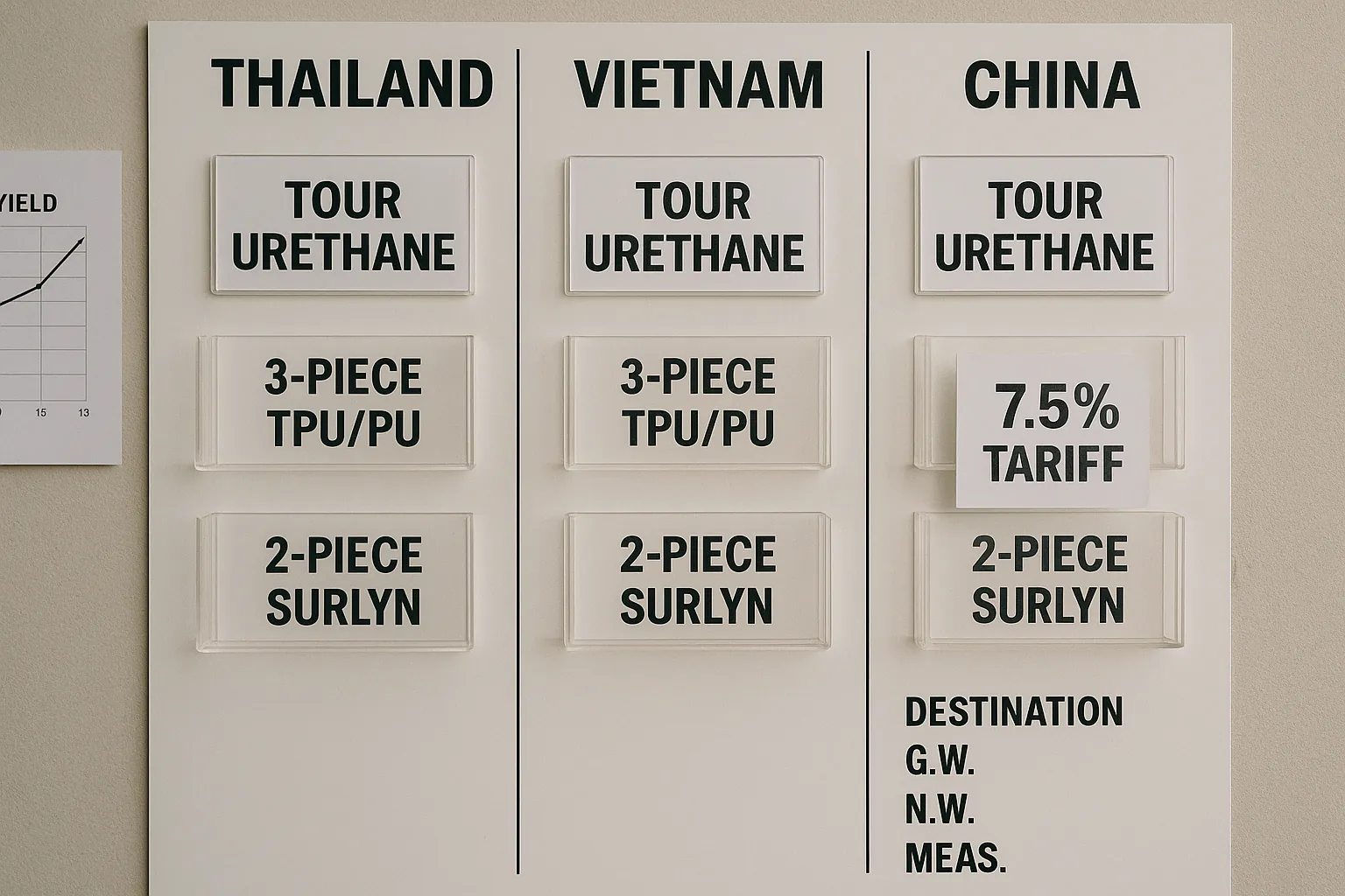 Golf Ball Type Comparison OEM Chart comparing golf ball types from Thailand, Vietnam, and China with OEM materials and tariff