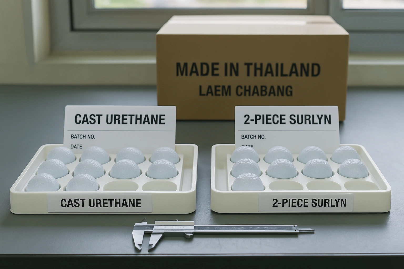 Golf Ball Material Types OEM Cast urethane and 2-piece surlyn golf ball cores in quality testing, made in Thailand