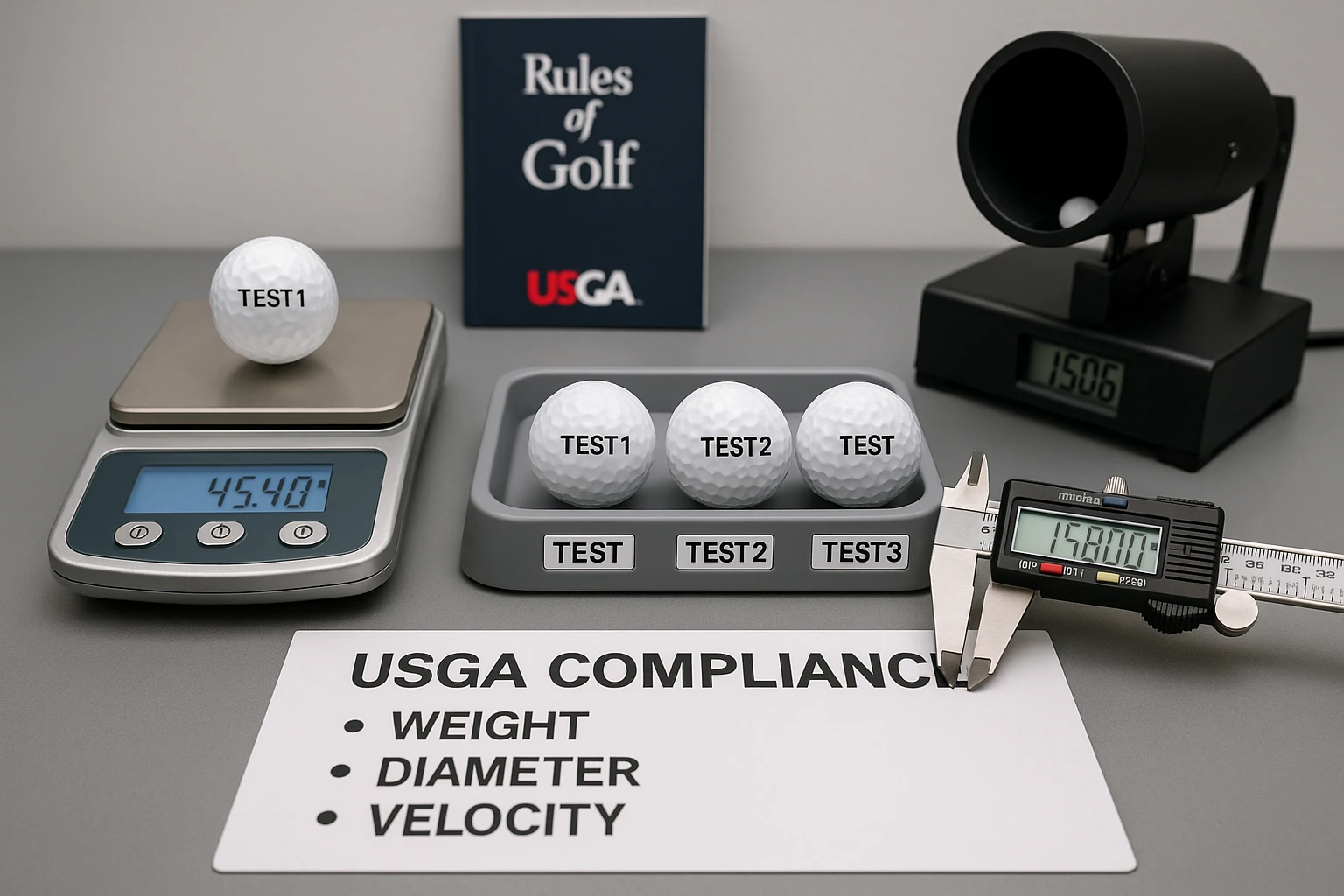golf ball USGA compliance test with weight and size tools