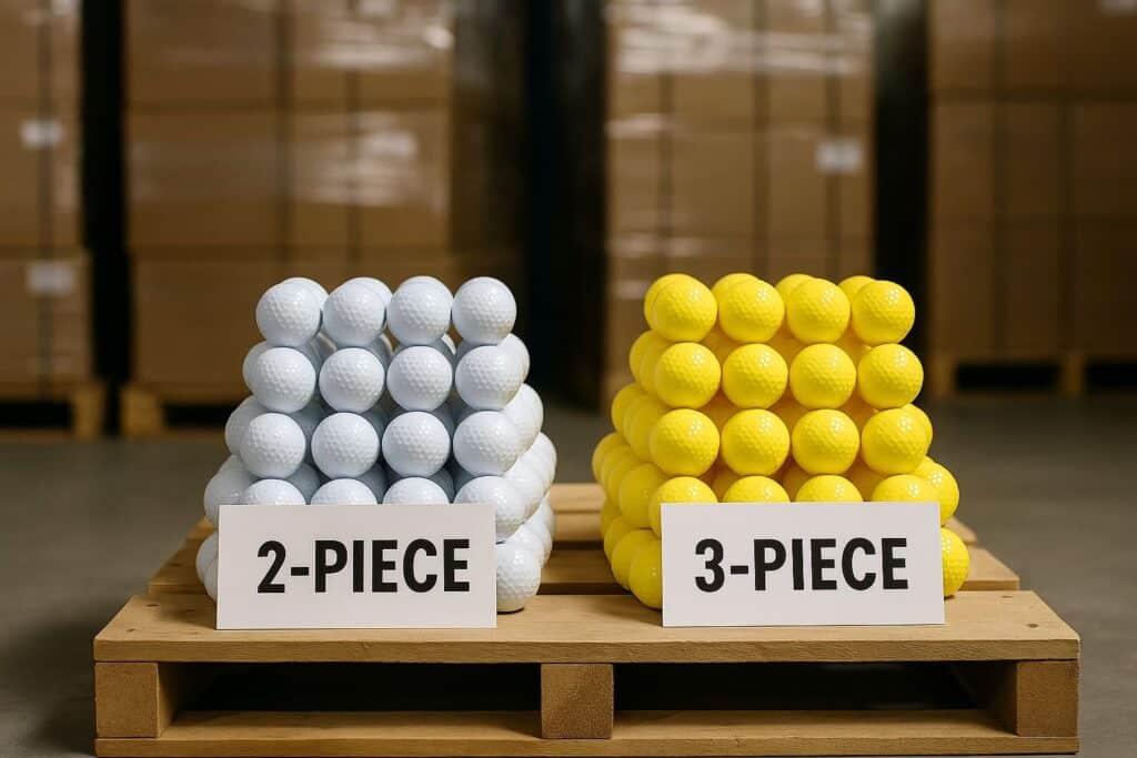 2-piece and 3-piece golf balls stacked on pallet in warehouse, OEM wholesale