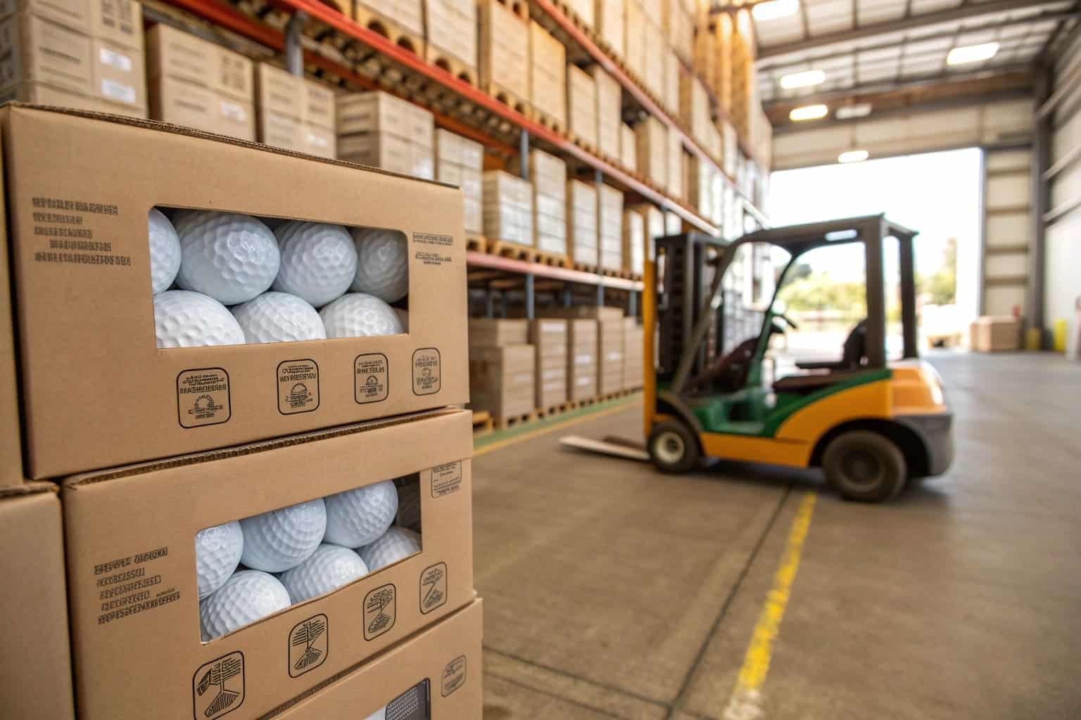 golf balls packed in cartons ready for bulk export in warehouse