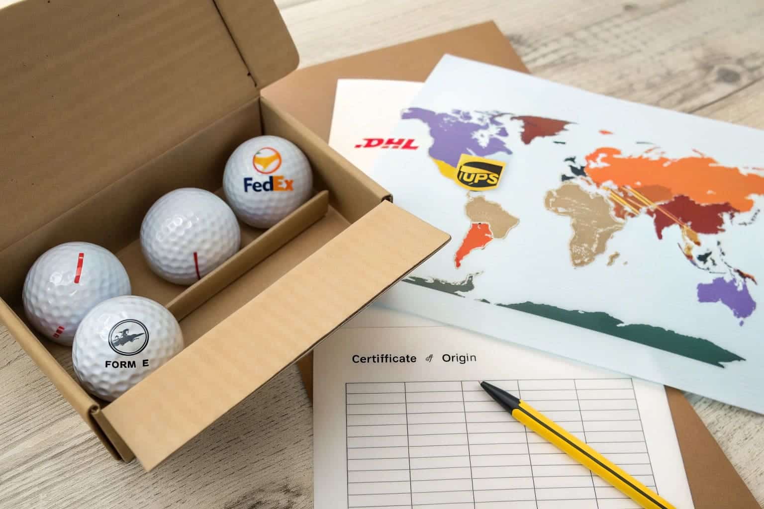 golf balls in box with shipping and export documents